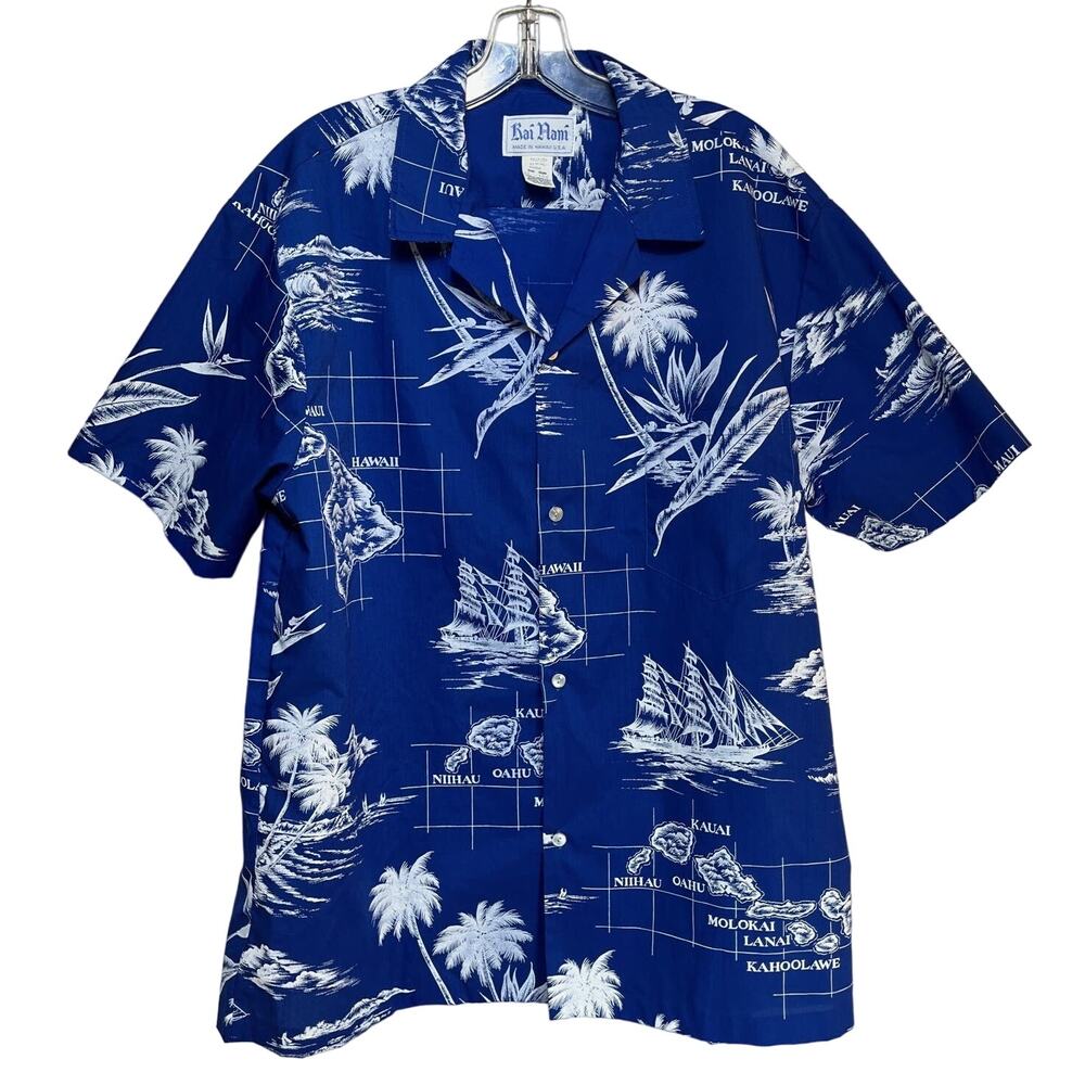 Hawaiian Isles Aloha Map Shirt Mens XL Button Up Map Blue White USA Made Vintage